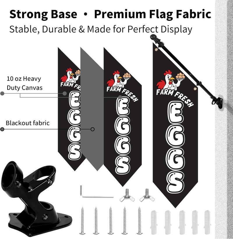 yeload Farm Fresh Eggs Flag with Pole Kit – 42x12inch Double-Sided Heavy-Duty Canvas Flag, Outdoor Rustic Farm Stand or Market Stall Sign, Weatherproof Hanging Advertising Display (Black) - Image 2